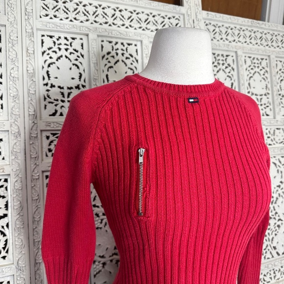 Vintage Tommy Hilfiger Tommy Jeans Red Ribbed Crewneck Fitted Sweater Sz XS - Picture 2 of 7